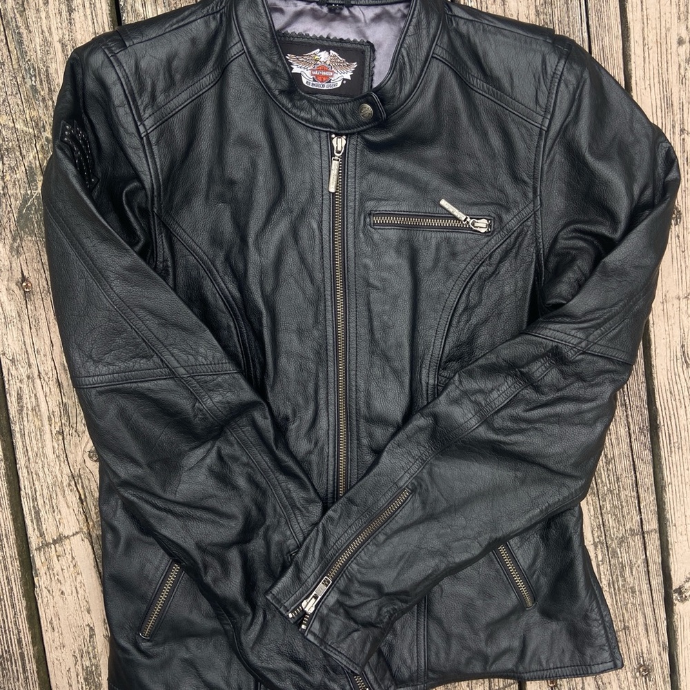 Harley-Davidson Women's Black Leather Biker Jacket w/Rhinestones